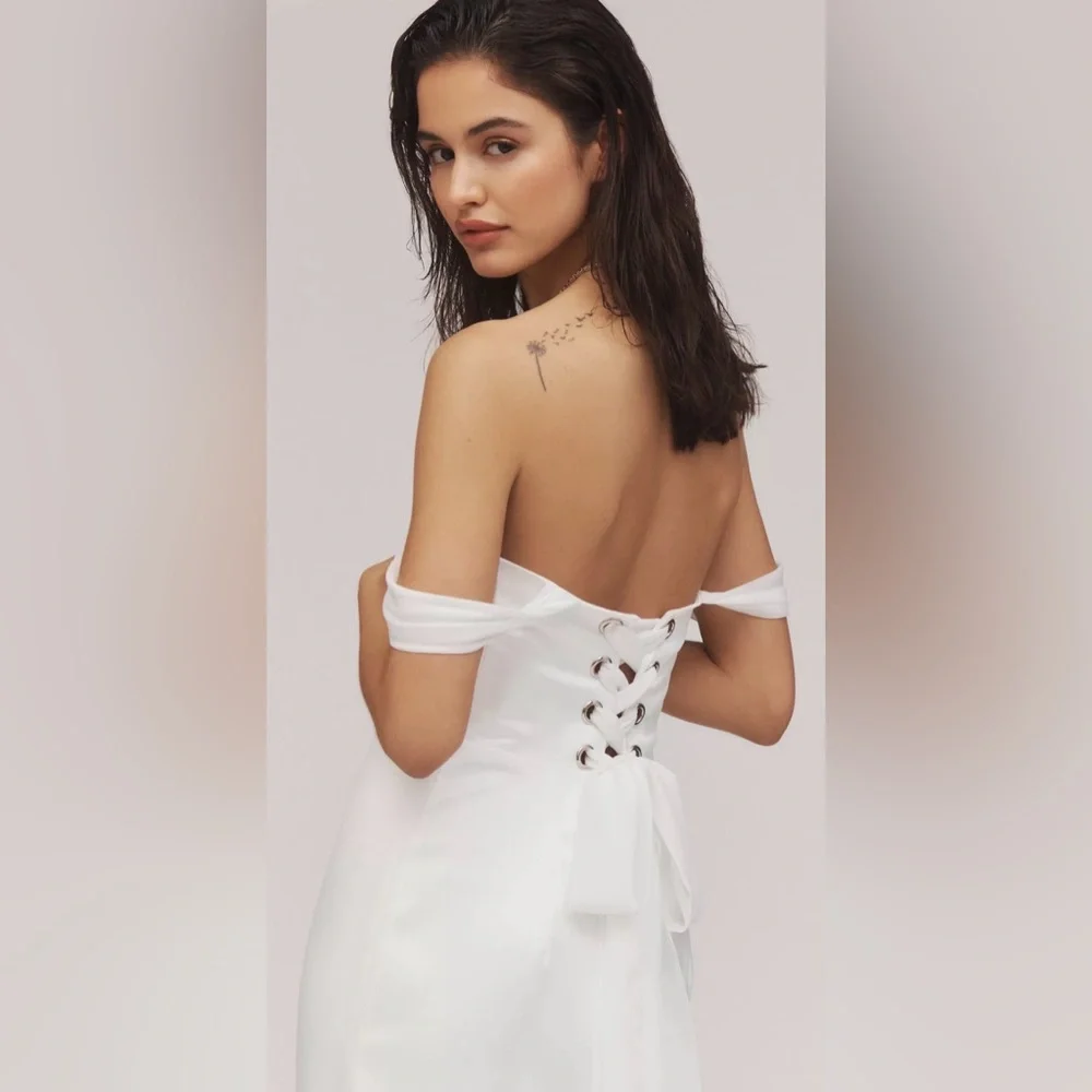NWT BHLDN Off-The-Shoulder Lace-Up Satin Column Midi Dress - Picture 4 of 8